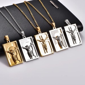 Collier pendentif croix de Jésus en acier inoxydable rectangulaire pour hommes et femmes, breloques chrétiennes, chaîne, amulette biblique en métal, bijoux - Product Image 3
