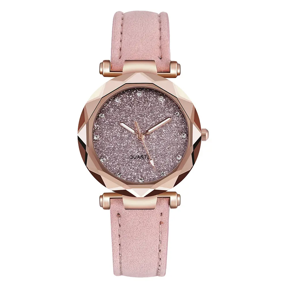 Relógio de quartzo luxuoso com pulseira de couro fosco rosa céu estrelado para meninas, novo modelo