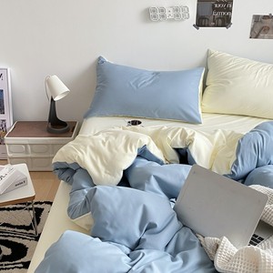 Juego de cama de algodón lavado al por mayor de Color puro, juego de cuatro piezas, Sábana cepillada a cuadros de estilo japonés, funda de edredón de tres piezas - Product Image 4