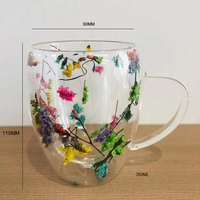 Tasse en verre résistante à la chaleur de fleur sèche à double paroi en borosilicate transparent avec poignée