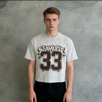 Heren grijs vintage T-shirt met ronde hals, cropped fit, nummer graffiti print, distressed retro, sportief casual streetwear, katoenen T-shirts