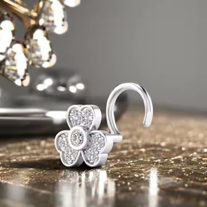 Lovely Women's 14KT Gold <b>Nose</b> Pin 0.12CT Natural Diamond Unique Three Heart Shape Flower Pattern Trendy Fine Piercing Jewelry - Product Image 4