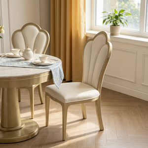 Chaise élégante et luxueuse en bois massif pour salon moderne, dossier en forme de coquille, rembourrage en coton, cadre doré, chaise durable/confortable - Product Image 1