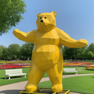 Grande sculpture d'ours jaune en acier inoxydable poli, résistante aux intempéries, faite à la main, de style moderne et luxueux, pour ornement de jardin - Product Image 3