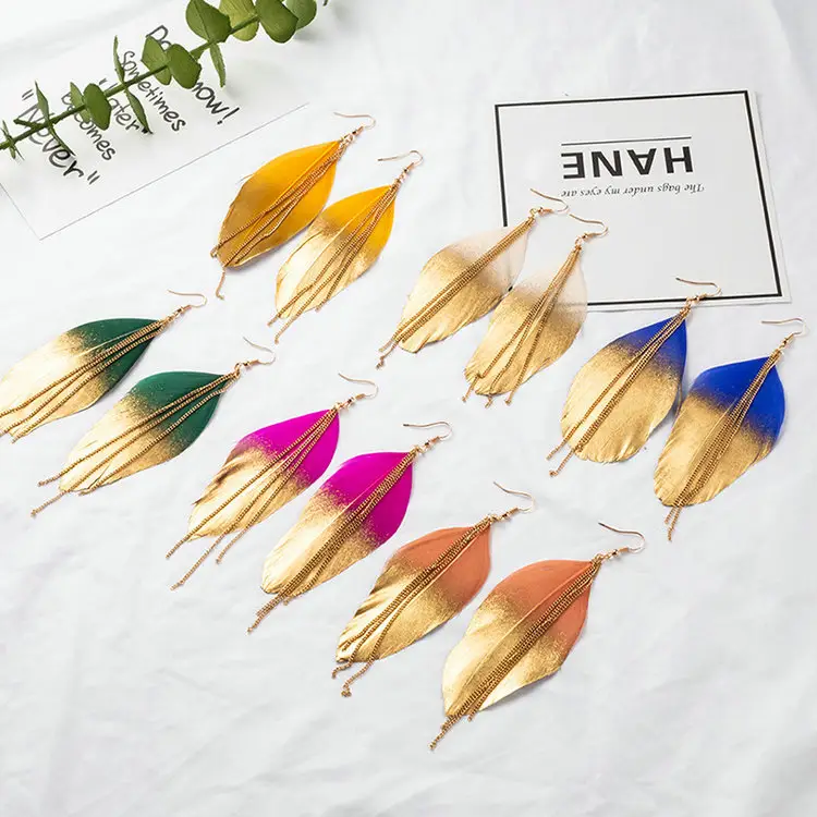 Hot Sell Bohemian Gold Plated Chain Tassel Rainbow Feather Leaf Dangle Earring For Women