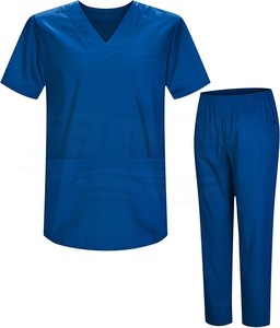 Ensemble de tenue médicale unisexe bleu en tissu toile Spandex/Polyester, pantalon et haut à col en V avec poches et porte-badge, détection d'aiguilles - Product Image 2