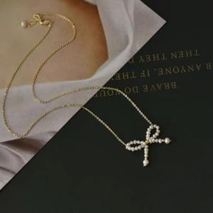 Adjustable 14K Gold-Plated Collarbone Chain <b>Cute</b> Natural Pearl Bow Necklace Versatile Japanese Light Luxury <b>Accessory</b> Wenchi - Product Image 4