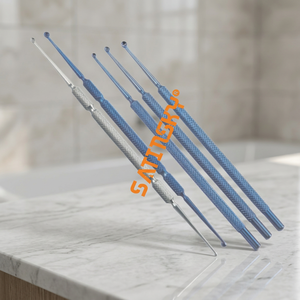Instruments ophtalmiques microscopiques pour kystes des glandes tarsales, pinces et curettes manuelles, certifiés CE Classe III, fabriqués en acier AISI 420 - Product Image 6