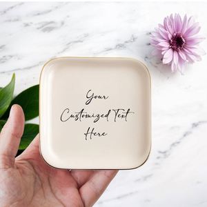Custom Logo <b>Ceramic</b> <b>Ring</b> Dish Personalized Jewelry Plate Square Trinket Tray with Gold Trim for Anniversary Valentines Day - Product Image 1