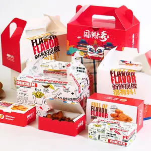 Custom Logo Frietjes Fastfood Verpakking Weg Te Nemen Doos Wegwerp Lunch Hamburger Bak Kip Doos Papier Voedsel Container