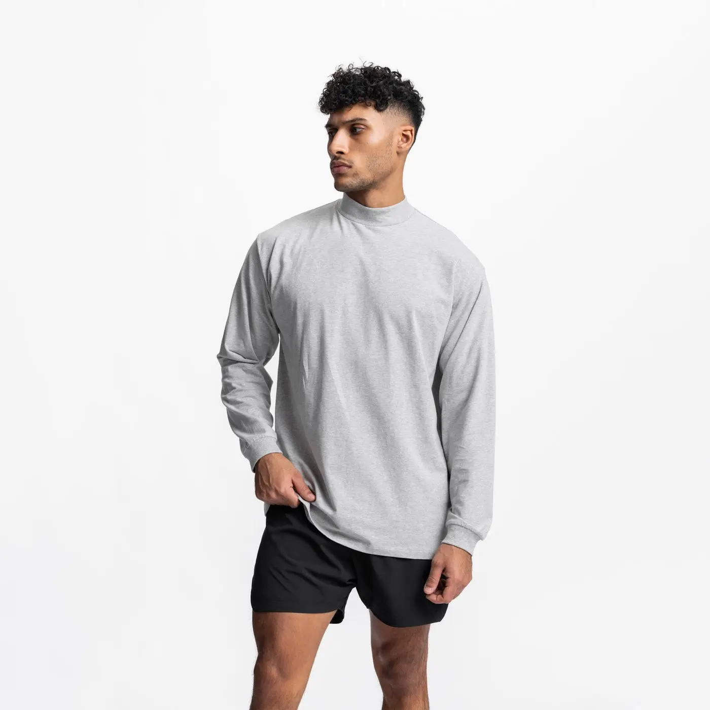 New Customized Sports Long-sleeved T-shirt Men's Small Neckline Loose Fitness Leisure High-neck Solid Color Terry Shirts
