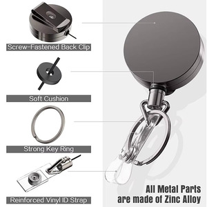 Porta credenciales retráctil de alambre de alta elasticidad, metálico negro, con clip para cinturón y llavero para tarjetas de identificación y llaves - Product Image 3