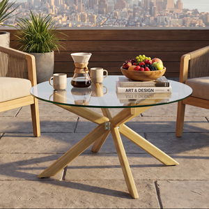 Table basse en verre trempé avec pieds en bois massif, meubles de salon modernes, durables et multifonctionnels - Product Image 1