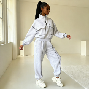 เสื้อฮู้ดดี้ผู้หญิง TKAN461 แบบลำลอง ทรงหลวม ผ้าฟลีซคอตตอน ตัดเย็บแบบสั่งทำพิเศษ ซิปครึ่งตัว สองชิ้น สไตล์สตรีทแวร์ ปักลาย - Product Image 2