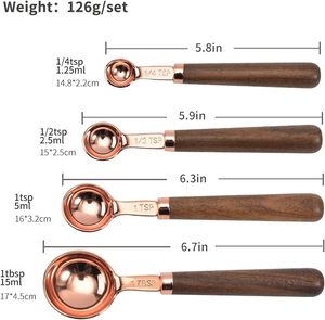 High Quality Metal Rose Gold Plated <b>Measuring</b> <b>Spoons</b> Set with Wooden Handle Round Shape Kitchen Utensils - Product Image 6