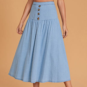 थोक कस्टम बटन फ्रंट फ़्लारेड डेनिम स्कर्ट लंबी जेलियन लड़कियों डेनिम स्कर्ट - Product Image 4