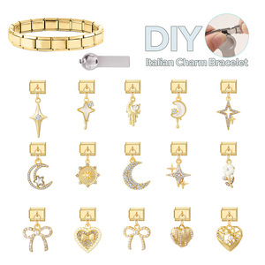 Bracciale in Acciaio Inossidabile Placcato <span class=keywords><strong>Oro</strong></span> alla <span class=keywords><strong>Moda</strong></span>, Accessori Fai-da-Te, Ciondolo Personalizzato Luna e Stella, Bracciale con Charm Italiano - Product Image 4