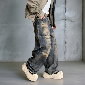 Jeans en denim délavé coupe ample pour hommes, style décontracté, effet usé, <span class=keywords><strong>pantalon</strong></span> streetwear <span class=keywords><strong>skate</strong></span> hip-hop, vente en gros - Product Image 3