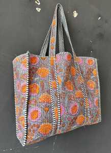 Bolsa de Mano Acolchada de Algodón con Estampado de Bloques, Duradera, Reutilizable, para Uso Diario, Viajes, Compras, Bolso de Hombro - Product Image 4