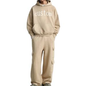 Survêtements personnalisés pour hommes, sweat-shirt à capuche, poids lourd, surdimensionné, épaules tombantes, pantalon cargo, 100% coton, survêtements décontractés vierges - Product Image 3