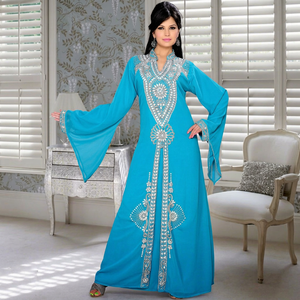 AWAIS HOUSE Women's Turquoise <b>Chiffon</b> Floor-Length Modest Evening Dress Beaded Embroidery V-Neck Long Sleeve <b>Jacket</b> A-Line - Product Image 1