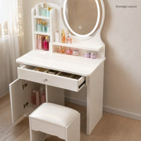 Coiffeuse moderne blanche avec miroir ovale éclairé, étagère latérale et tiroirs de rangement – Écologique pour appartement, chambre et salon
