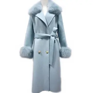 Lady Fashion Winter Double-breasted Trench Cashmere Coat with Fox fur Long Women Spring Double Face 100% Wool Cashmere Coat