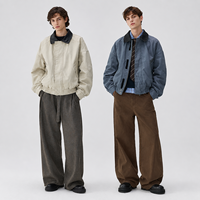 Blouson Bomber Homme Personnalisé en Toile Délavée Coupe Oversize, Veste d'Automne Homme avec Col en Cuir et Fermeture Éclair, Style Streetwear Court, Veste de Travail Homme