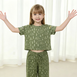 Conjunto de Pijama Estampado Verde para Niña, Ropa de Dormir de Viscosa de Manga Corta, Conjunto de 2 Piezas Personalizado para Niños, Ropa de Estar por Casa para Niños, Marcas de Pijamas - Product Image 2