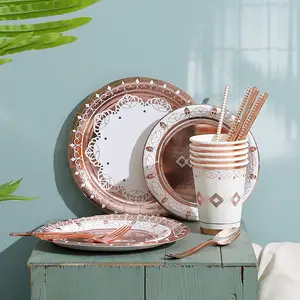 Nicro 10 khách sinh nhật bên Bảng trang trí tùy chỉnh Rose Gold Foil in dùng một lần Vòng giấy tấm giấy Bộ đồ ăn thiết lập