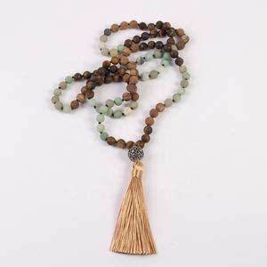 Mujeres 8mm Frost Amazonite Pic jaspe piedra preciosa anudada bola de bronce borla colgante collar Yoga 108 cuentas Yoga Mala collar - Product Image 4