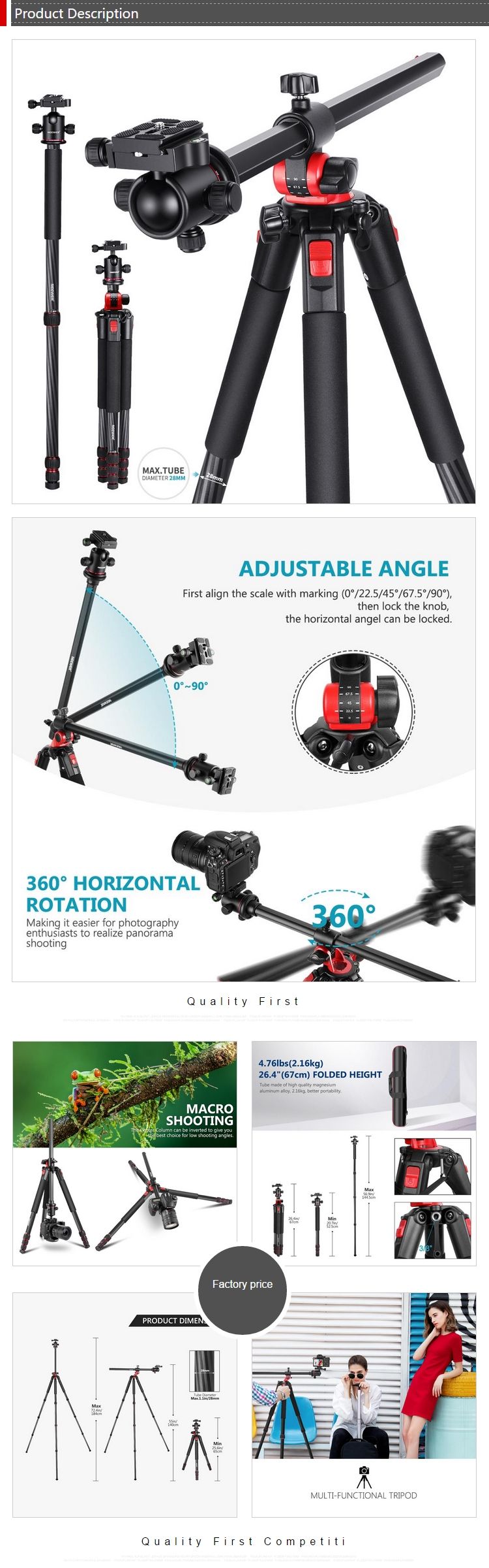 Neewer Camera Tripod - Portable Carbon Fiber with 360° Rotatable Column