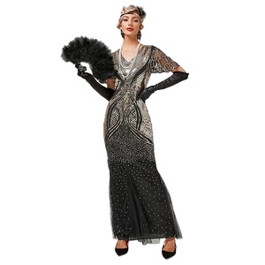 1920s Evening Prom Dress Women V-neck Flare Sleeve Mermaid Party Gown  Bodycon Maxi Long Glitter Sequin Beaded Dress
