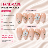 Faux ongles à presser faits main, motif menthe gardénia, fleur 3D, pois émeraude, courts, forme amande, style Hailey, en acrylique, vente en gros, personnalisables