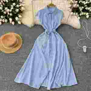 Robe Tunique d'Été Rayée en Tissu Respirant, Coupe Slim, Style Chemise Midi pour Femme, Robe Empire Sans Manches en Dentelle - Product Image 3