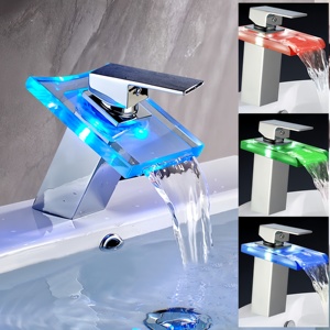 <span class=keywords><strong>Led</strong></span> thay đổi màu sắc thủy tinh đồng thau lỗ duy nhất hiện đại Thác vòi nước phòng tắm Vanity van gốm lõi sàn gắn phòng ngủ - Product Image 3