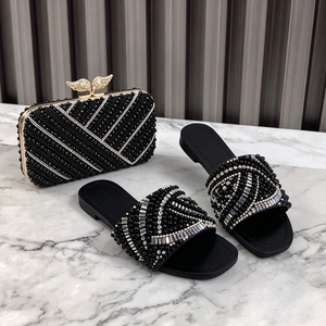 Ensemble de sac à main et sandales plates de luxe pour femmes, orné de perles et de strass, élégant pour les soirées, les mariages et les fêtes - Product Image 1