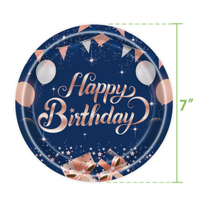 Vaisselle de fête d'anniversaire bleu marine et rose, assiettes, gobelets et serviettes de 7 et 9 pouces, ensemble jetable de haute qualité pour célébration - Product Image 2