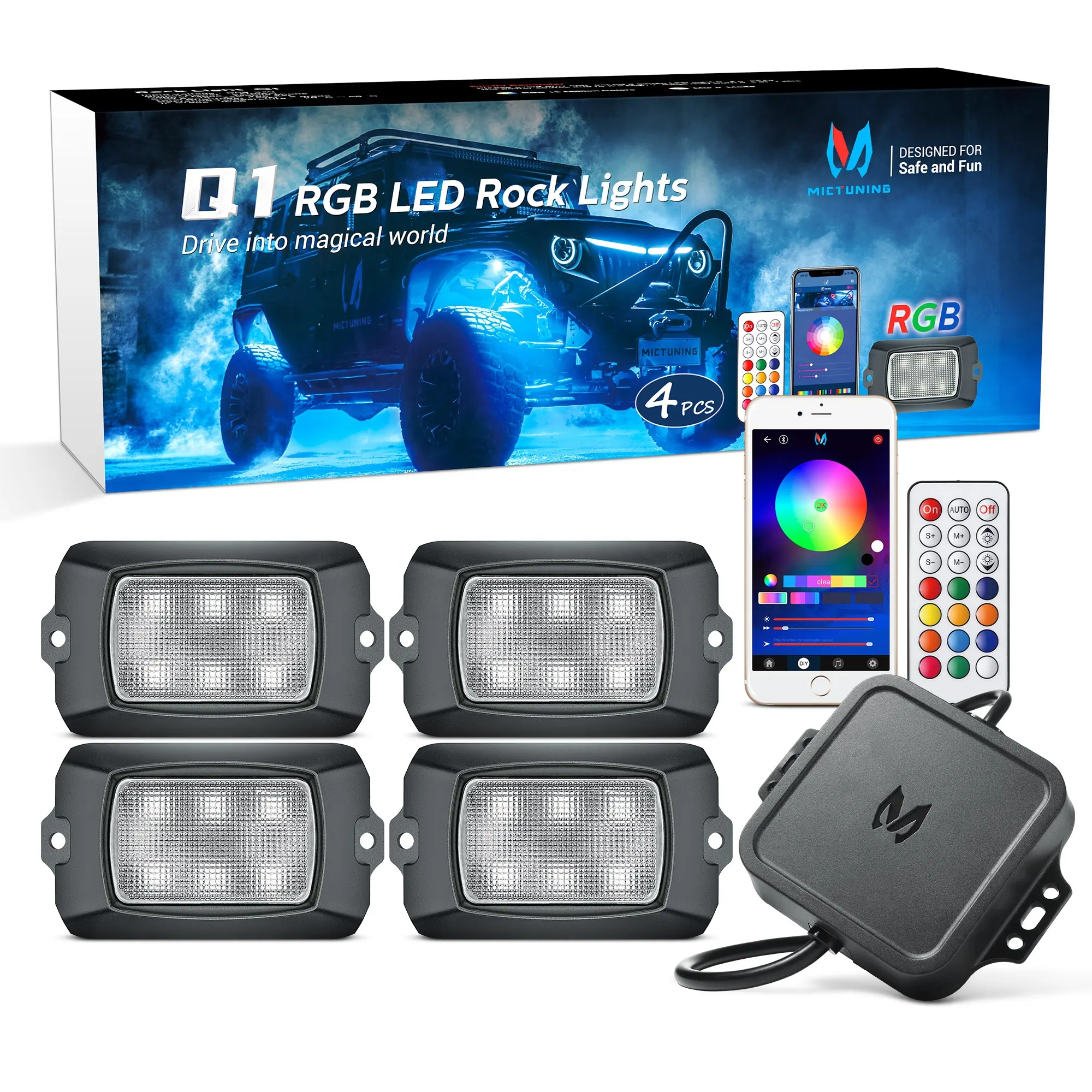 Q1 RGB 4 Pods MulticoloR Neon Car Led Lights Brightest Rock Lights Underglow Light for car