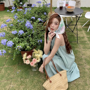 Sleeveless Women's Summer Halter Maxi Dress Bean Green Apricot Solid Color Loose Fit Beach Cover Up - Product Image 3