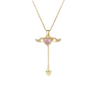 Collana da donna placcata oro vero con <span class=keywords><strong>cuore</strong></span> rosa in rame, ali mobili e nappa, design trendy di lusso leggero, catena in bambù, stile celebrità di Internet - Product Image 5