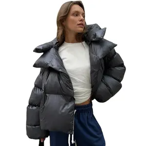 Jaket parka tebal hangat wanita, Luaran tinggi polos berkerudung katun pendek empuk untuk musim dingin 2023