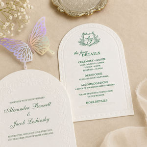Suite d'invitations de mariage de luxe vintage écologiques en papier coton 600 g/m² avec gaufrage à sec, forme arquée, découpe laser papillon élégante - Product Image 4