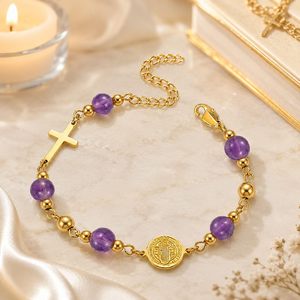 Pulsera de Rosario con Cruz de Acero Inoxidable y Medalla de San Benito, Piedra Natural, Joyería Cristiana, Regalo para Mujer - Product Image 5
