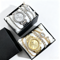 Ensemble de 5 pièces assorties très prisé : Montre dorée pour femme à grand cadran, bracelet jonc en strass et bracelet multicouche, combo de bijoux pour l'Afrique