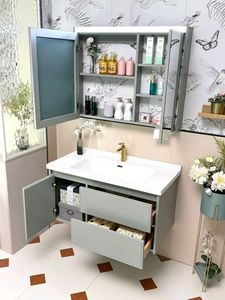 Multi-space storage mirror cabinet with top <b>LED</b> single-color <b>light</b> strip tissue paper hole white washbasin - Product Image 4