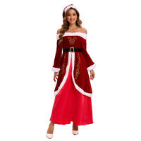 Vestido de Navidad Yi Xiaoyi para Mujer Adulta, Vestido Rojo de Terciopelo con Hombros Descubiertos y Adorno de Piel, Tallas M-6XL, Conjunto Completo