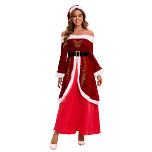 Vestido de Navidad Yi Xiaoyi para Mujer Adulta, Vestido Rojo de Terciopelo con Hombros Descubiertos y Adorno de Piel, Tallas M-6XL, Conjunto Completo - Product Image 5