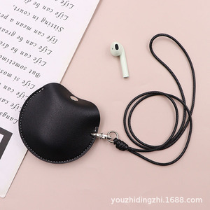 Leather Bluetooth earphone bag with lanyard, neck strap, coin <b>purse</b>, round earphone storage bag, small pocket. - Product Image 5