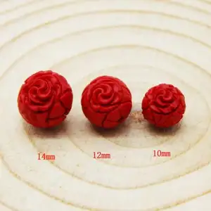 Contas de flores de cinnabar esculpidas, contas para fazer jóias, redondas, sintéticas, diy 10/12/14mm, vermelho 788551